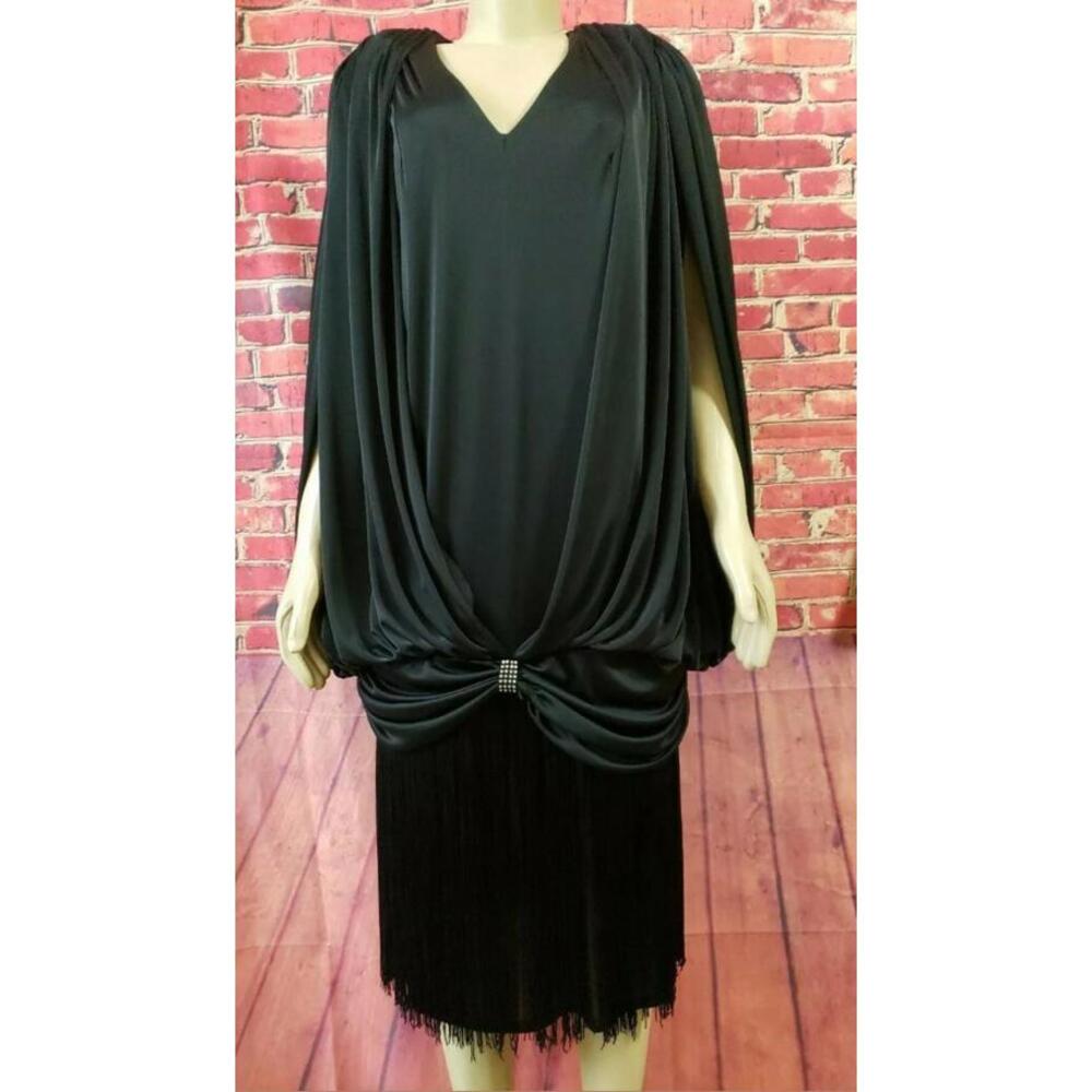 After Dark,  Fringed Women's Dress Black Wrap style Size L? Draped Hips Details